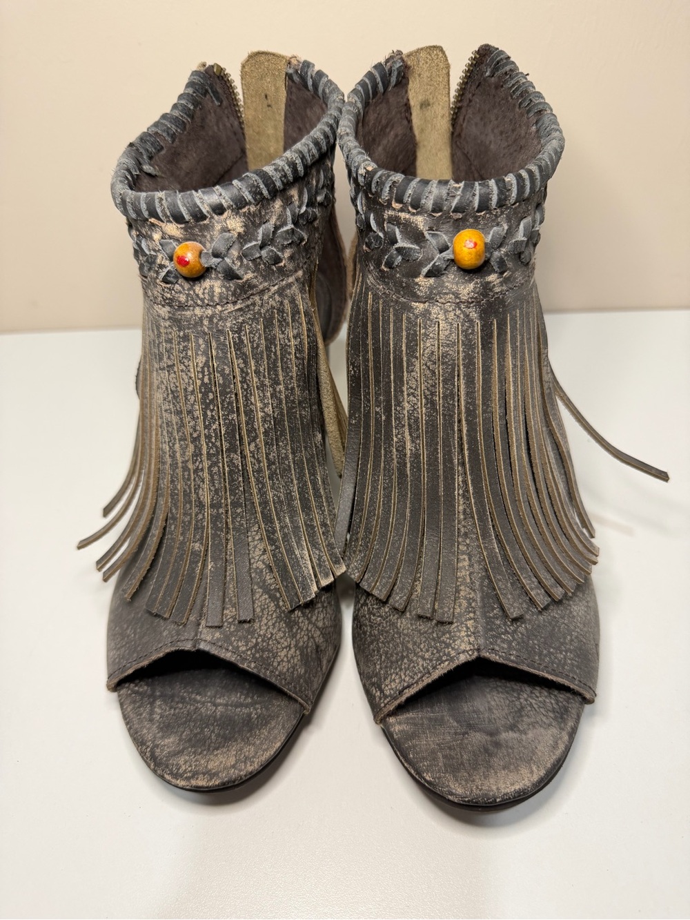 Roper Gray Fringe Open-Toe Mules with Bead Accent